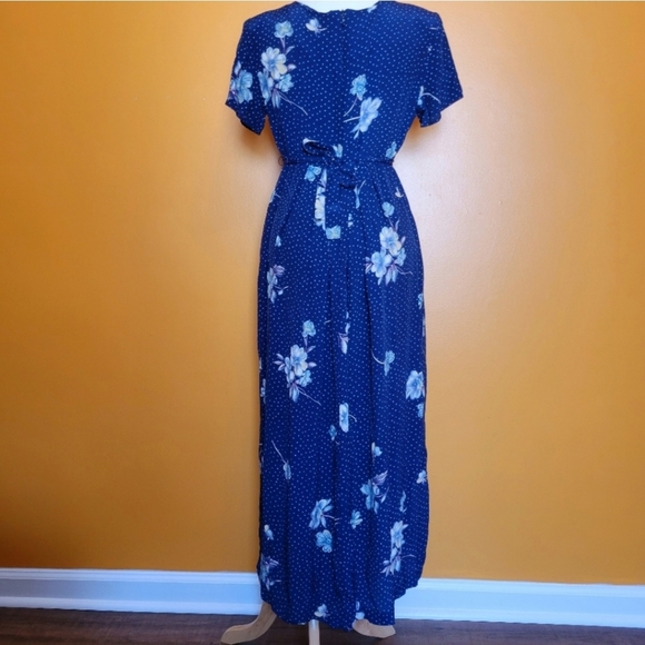 Vintage 80s/90s Jonathan Martin Blue Polka Dot Floral Maxi Dress Button Down - Picture 4 of 15